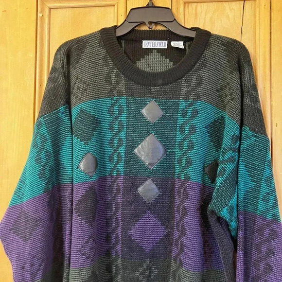Centerfield Mens Vintage 90s Leather Diamond Grandpa Sweater Large Black FA EXC - Picture 1 of 10